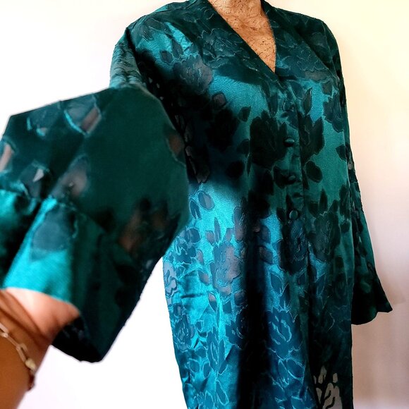 Vtg 90s Victoria Secret  Gold Label Jacquard Emerald Green Floral Sheer Teddy - Picture 5 of 15